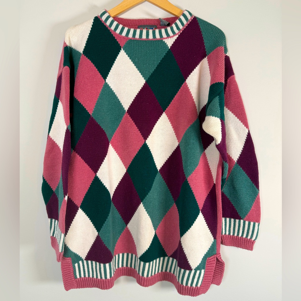 Paris Sport Club World Wide Vintage Argyle Striped Trim Pullover Sweater Medium